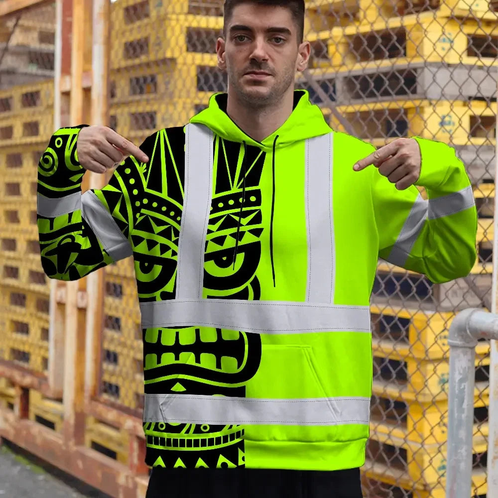 Hi Vis Hoodie Reflective Tapes TiKi Hawaiian Polynesian Tribal Custom Name Safety Workwear For Workers, Truckers, Operators