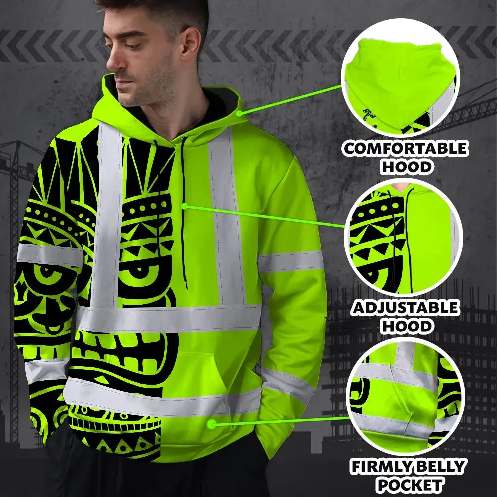 Hi Vis Hoodie Reflective Tapes TiKi Hawaiian Polynesian Tribal Custom Name Safety Workwear For Workers, Truckers, Operators