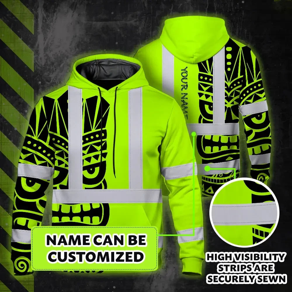 Hi Vis Hoodie Reflective Tapes TiKi Hawaiian Polynesian Tribal Custom Name Safety Workwear For Workers, Truckers, Operators