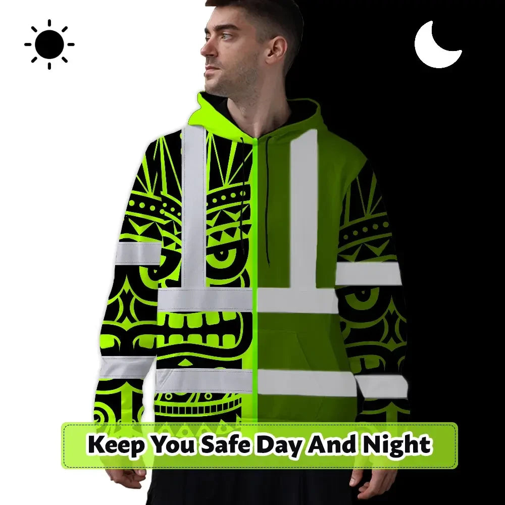 Hi Vis Hoodie Reflective Tapes TiKi Hawaiian Polynesian Tribal Custom Name Safety Workwear For Workers, Truckers, Operators