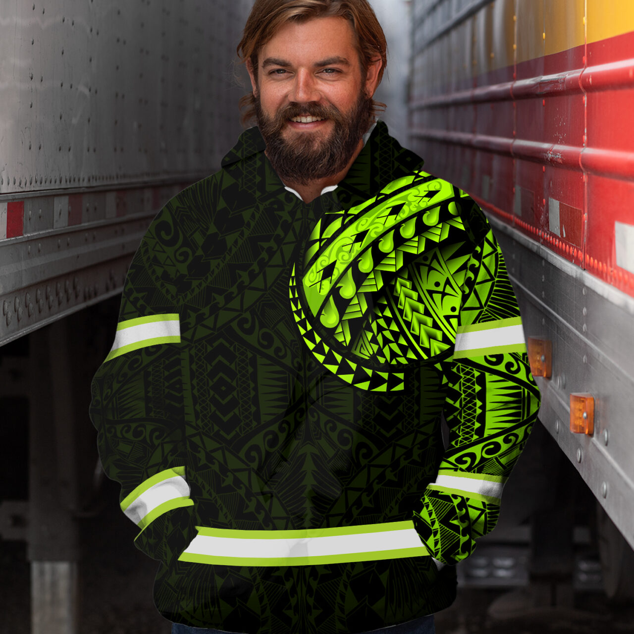 Hi Vis Hoodie Reflective Tapes Green Neon Hawaiian Polynesian Tribal Custom Name Safety Workwear