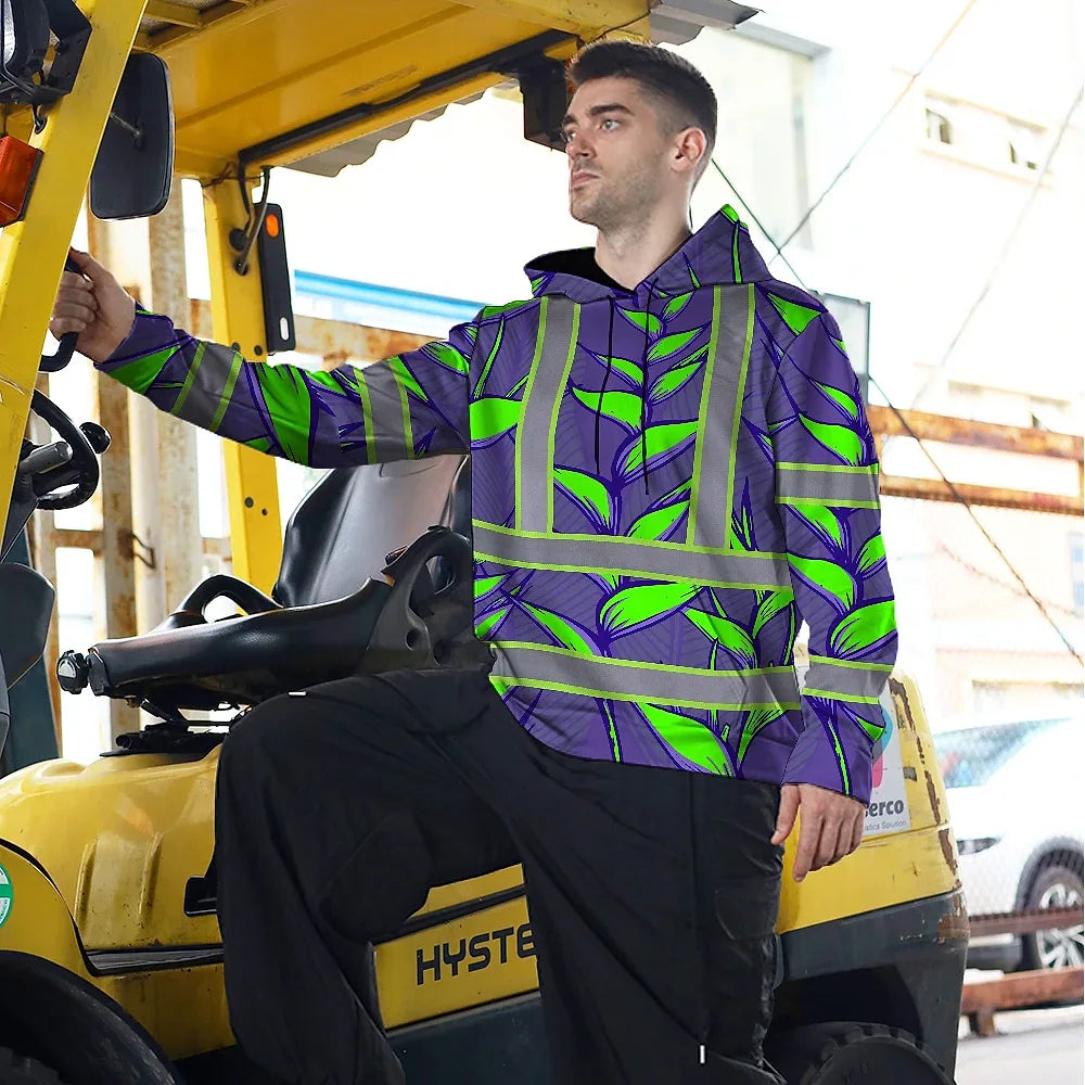 Hi Vis Hoodie Reflective Tapes Violet Neon Green Heliconia Custom Name Safety Workwear For Workers, Truckers, Operators