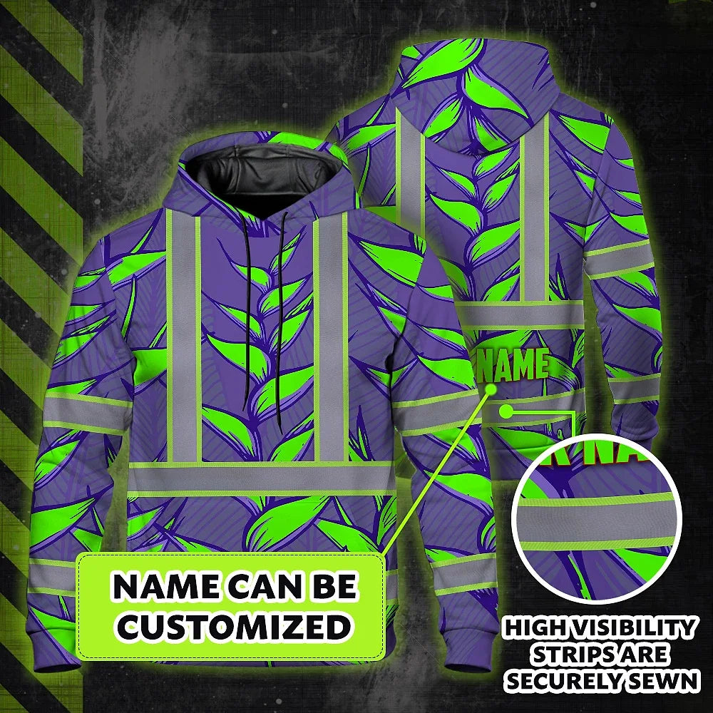Hi Vis Hoodie Reflective Tapes Violet Neon Green Heliconia Custom Name Safety Workwear For Workers, Truckers, Operators