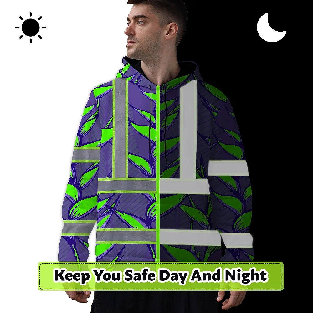 Hi Vis Hoodie Reflective Tapes Violet Neon Green Heliconia Custom Name Safety Workwear For Workers, Truckers, Operators
