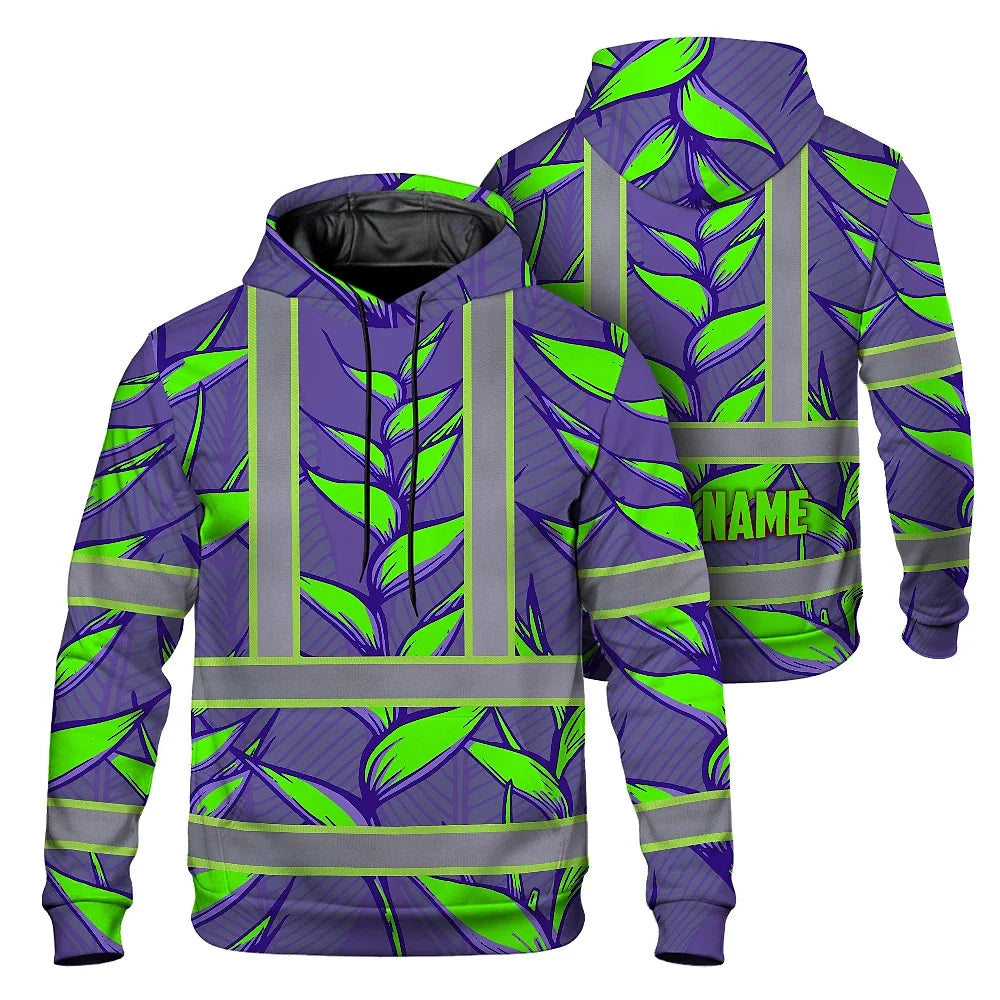 Hi Vis Hoodie Reflective Tapes Violet Neon Green Heliconia Custom Name Safety Workwear For Workers, Truckers, Operators