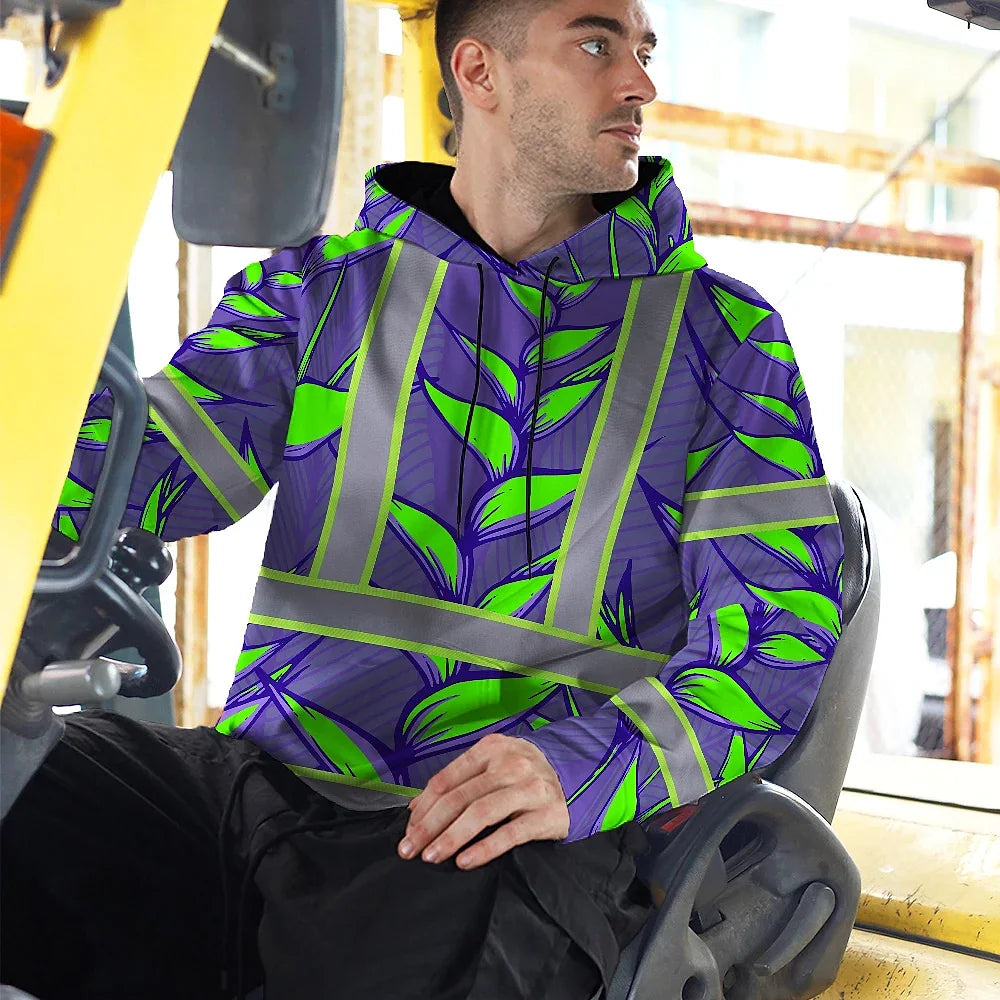 Hi Vis Hoodie Reflective Tapes Violet Neon Green Heliconia Custom Name Safety Workwear For Workers, Truckers, Operators