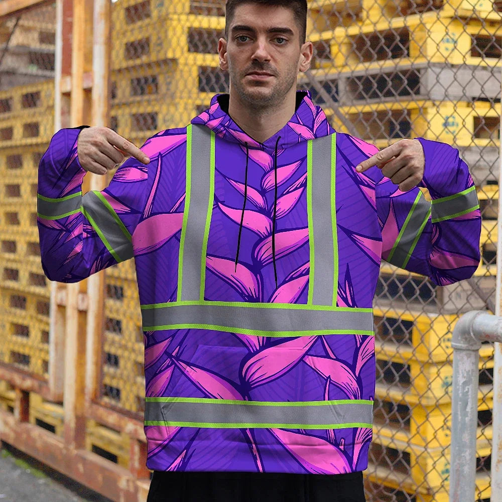 Hi Vis Hoodie Reflective Tapes Violet Neon Pink Heliconia Custom Name Safety Workwear For Workers, Truckers, Operators