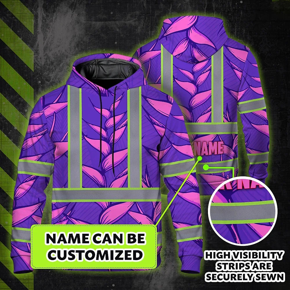 Hi Vis Hoodie Reflective Tapes Violet Neon Pink Heliconia Custom Name Safety Workwear For Workers, Truckers, Operators