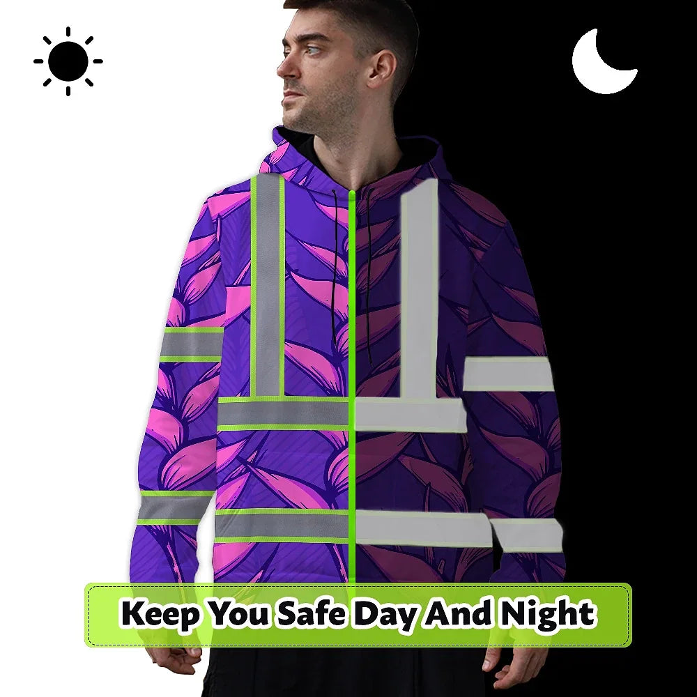 Hi Vis Hoodie Reflective Tapes Violet Neon Pink Heliconia Custom Name Safety Workwear For Workers, Truckers, Operators