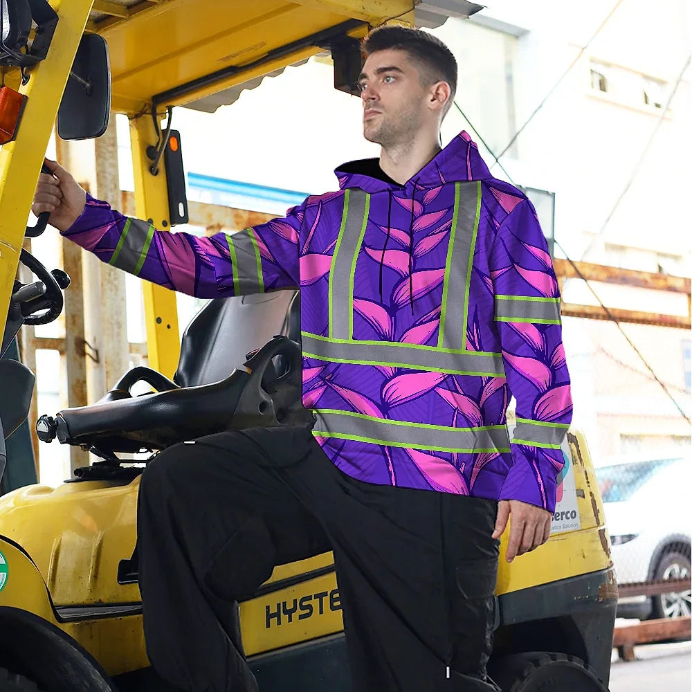 Hi Vis Hoodie Reflective Tapes Violet Neon Pink Heliconia Custom Name Safety Workwear For Workers, Truckers, Operators