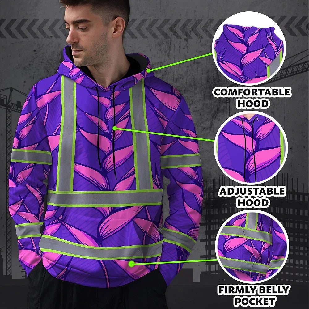 Hi Vis Hoodie Reflective Tapes Violet Neon Pink Heliconia Custom Name Safety Workwear For Workers, Truckers, Operators