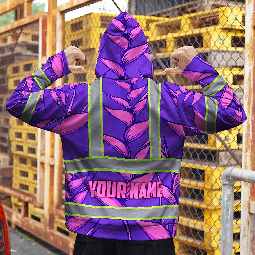Hi Vis Hoodie Reflective Tapes Violet Neon Pink Heliconia Custom Name Safety Workwear For Workers, Truckers, Operators