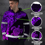 Hi Vis Hoodie Reflective Tapes Violet Neon Turtle Hawaiian Polynesian Tribal Custom Name Safety Workwear For Workers, Truckers, Operators