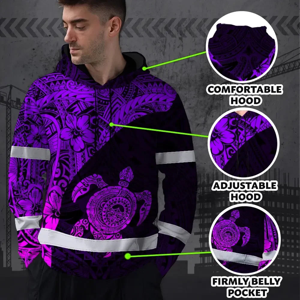 Hi Vis Hoodie Reflective Tapes Violet Neon Turtle Hawaiian Polynesian Tribal Custom Name Safety Workwear For Workers, Truckers, Operators