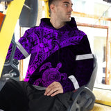 Hi Vis Hoodie Reflective Tapes Violet Neon Turtle Hawaiian Polynesian Tribal Custom Name Safety Workwear For Workers, Truckers, Operators