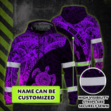 Hi Vis Hoodie Reflective Tapes Violet Neon Turtle Hawaiian Polynesian Tribal Custom Name Safety Workwear For Workers, Truckers, Operators