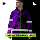 Hi Vis Hoodie Reflective Tapes Violet Neon Turtle Hawaiian Polynesian Tribal Custom Name Safety Workwear For Workers, Truckers, Operators
