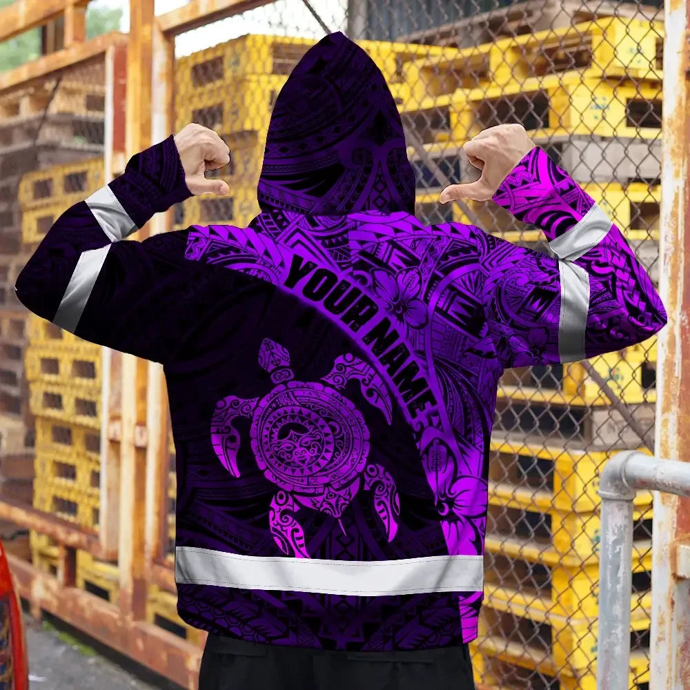 Hi Vis Hoodie Reflective Tapes Violet Neon Turtle Hawaiian Polynesian Tribal Custom Name Safety Workwear For Workers, Truckers, Operators