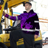 Hi Vis Hoodie Reflective Tapes Violet Neon Turtle Hawaiian Polynesian Tribal Custom Name Safety Workwear For Workers, Truckers, Operators