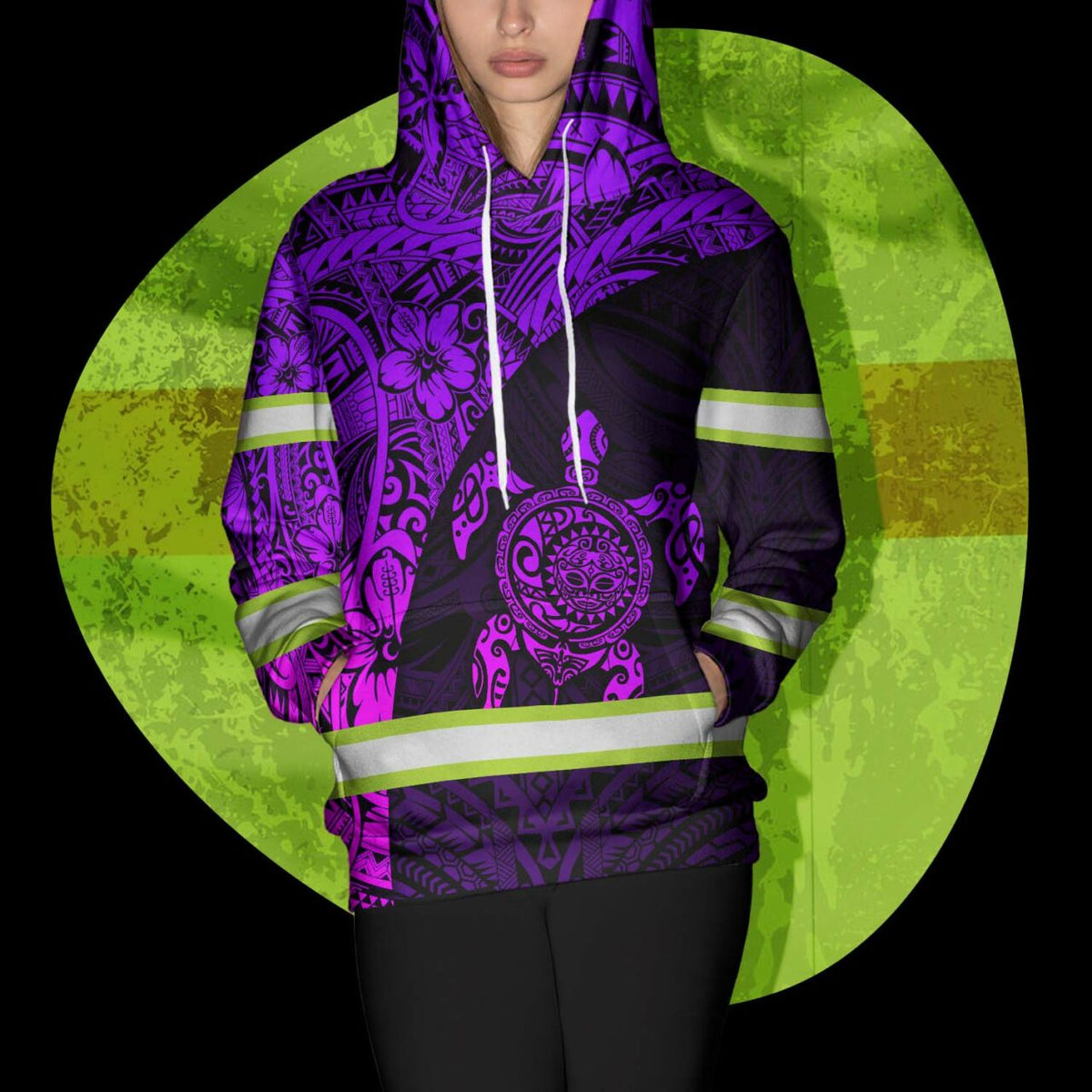 Hi Vis Hoodie Reflective Tapes Violet Neon Turtle Hawaiian Polynesian Tribal Custom Name Safety Workwear