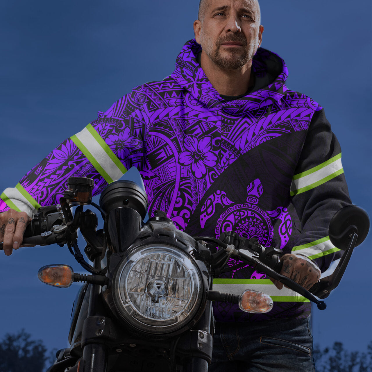 Hi Vis Hoodie Reflective Tapes Violet Neon Turtle Hawaiian Polynesian Tribal Custom Name Safety Workwear
