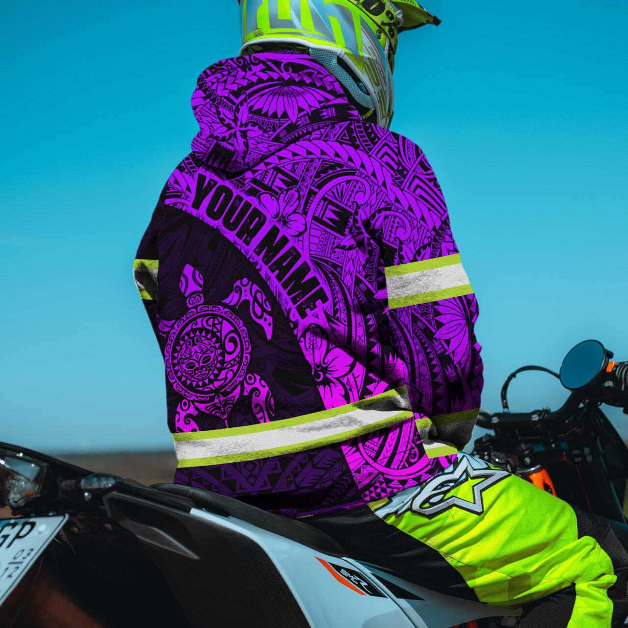 Hi Vis Hoodie Reflective Tapes Violet Neon Turtle Hawaiian Polynesian Tribal Custom Name Safety Workwear