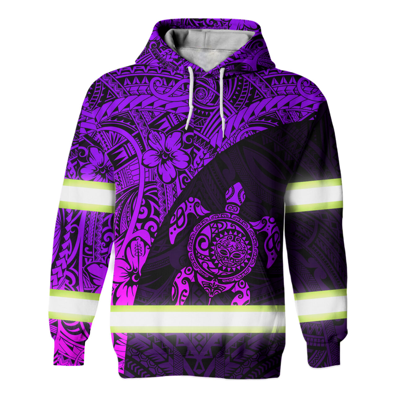 Hi Vis Hoodie Reflective Tapes Violet Neon Turtle Hawaiian Polynesian Tribal Custom Name Safety Workwear