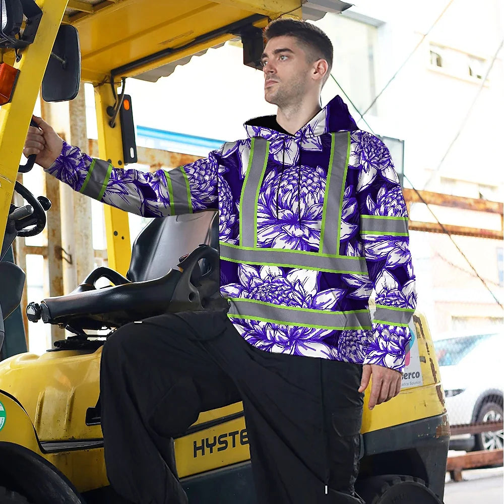 Hi Vis Hoodie Reflective Tapes Violet Neon White Protea Custom Name Safety Workwear For Workers, Truckers, Operators