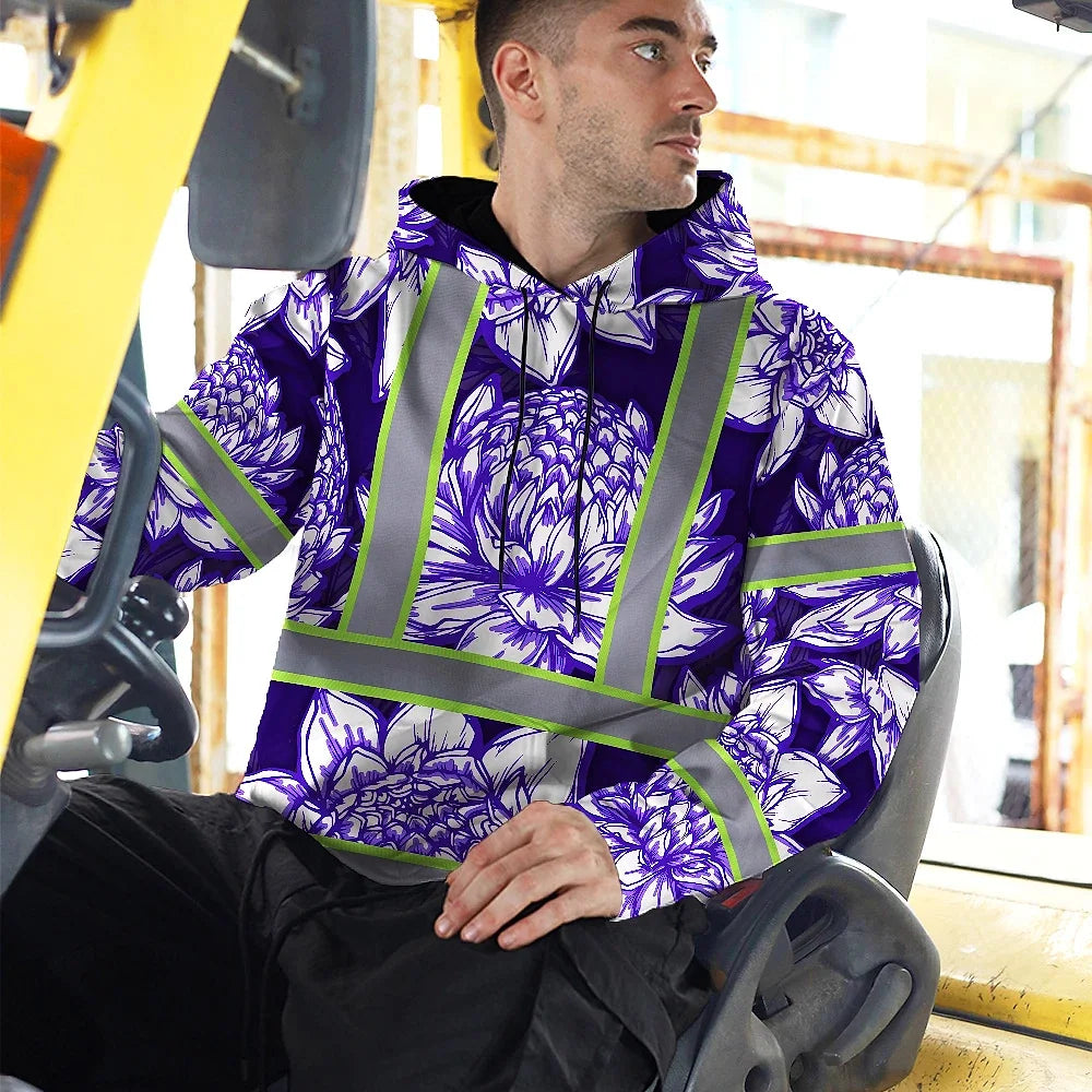 Hi Vis Hoodie Reflective Tapes Violet Neon White Protea Custom Name Safety Workwear For Workers, Truckers, Operators