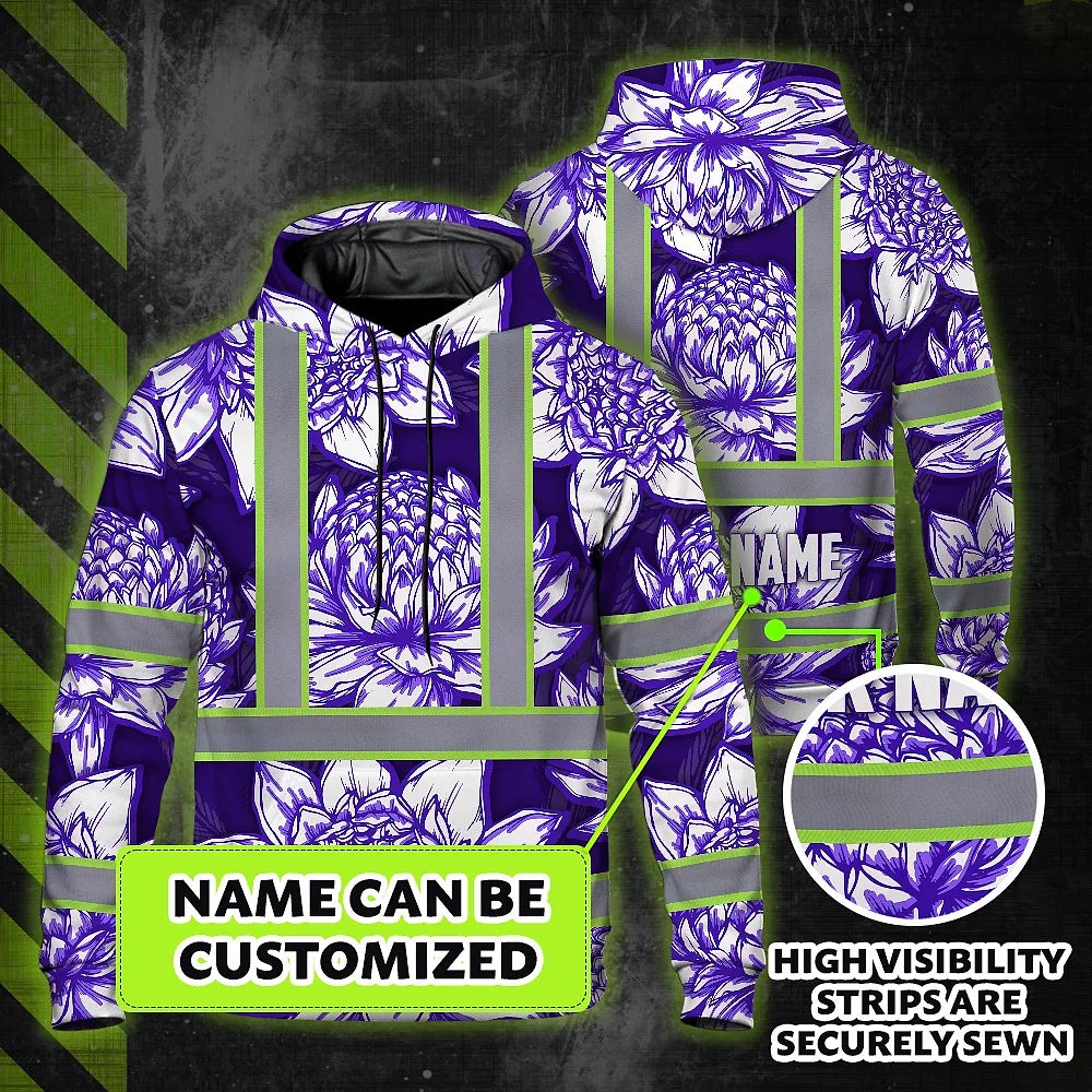 Hi Vis Hoodie Reflective Tapes Violet Neon White Protea Custom Name Safety Workwear For Workers, Truckers, Operators