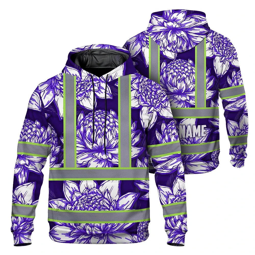 Hi Vis Hoodie Reflective Tapes Violet Neon White Protea Custom Name Safety Workwear For Workers, Truckers, Operators