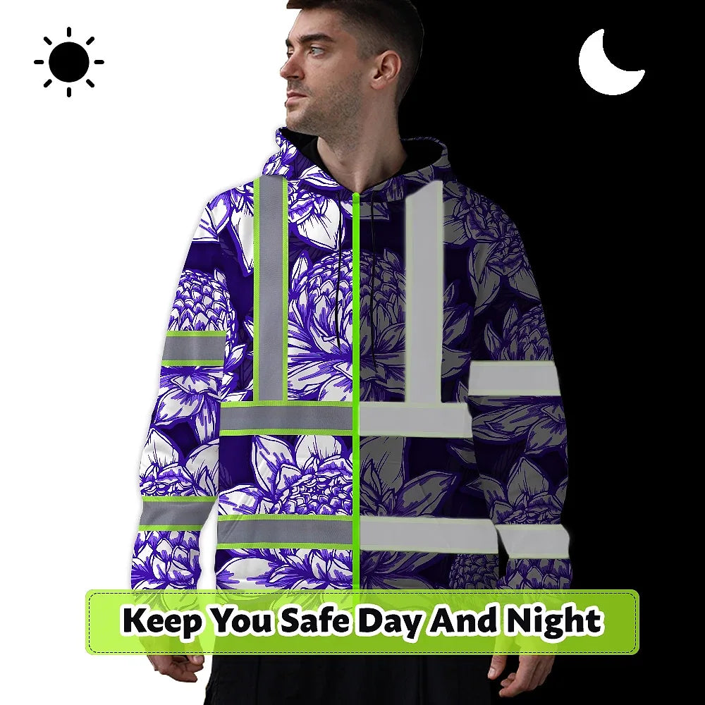 Hi Vis Hoodie Reflective Tapes Violet Neon White Protea Custom Name Safety Workwear For Workers, Truckers, Operators