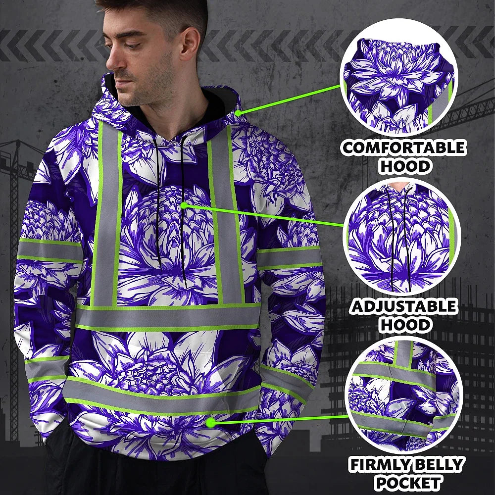 Hi Vis Hoodie Reflective Tapes Violet Neon White Protea Custom Name Safety Workwear For Workers, Truckers, Operators