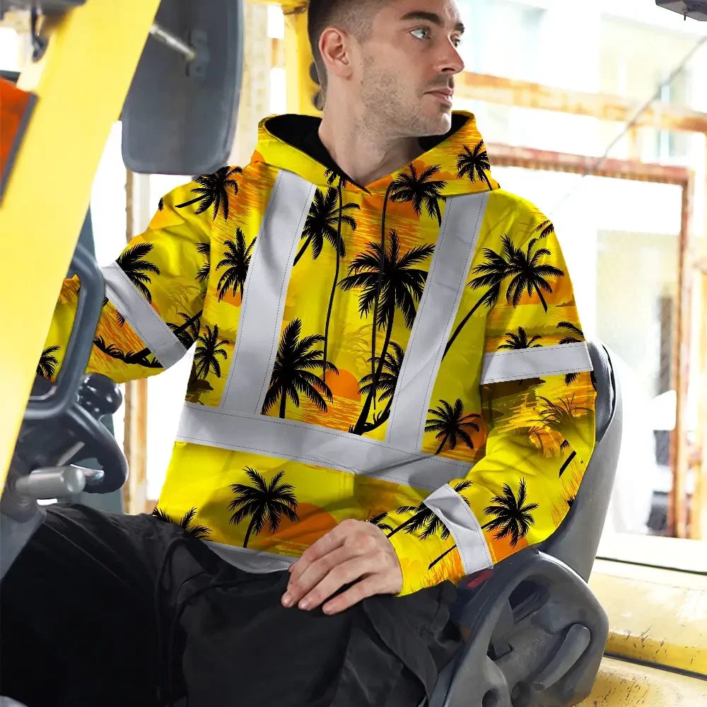 Hi Vis Hoodie Reflective Tapes Yellow Neon Flowers Custom Name Safety Workwear For Workers, Truckers, Operators