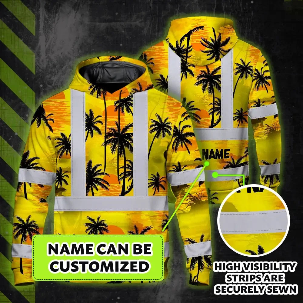 Hi Vis Hoodie Reflective Tapes Yellow Neon Flowers Custom Name Safety Workwear For Workers, Truckers, Operators