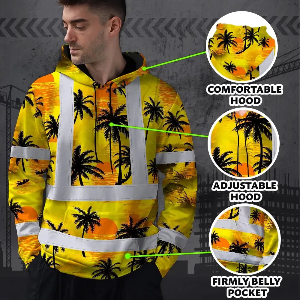 Hi Vis Hoodie Reflective Tapes Yellow Neon Flowers Custom Name Safety Workwear For Workers, Truckers, Operators