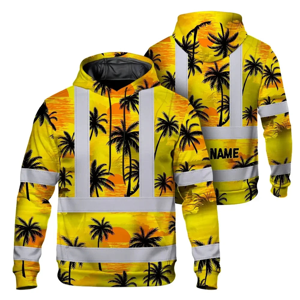 Hi Vis Hoodie Reflective Tapes Yellow Neon Flowers Custom Name Safety Workwear For Workers, Truckers, Operators