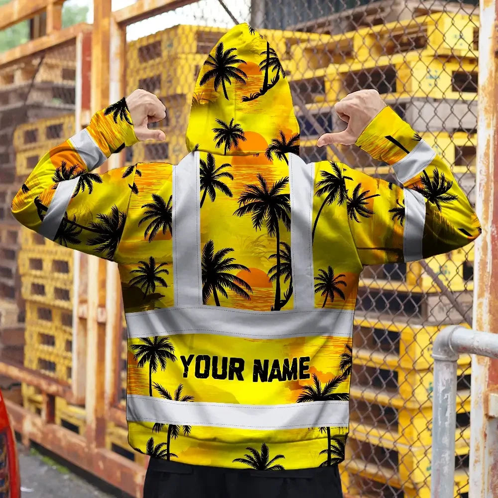 Hi Vis Hoodie Reflective Tapes Yellow Neon Flowers Custom Name Safety Workwear For Workers, Truckers, Operators