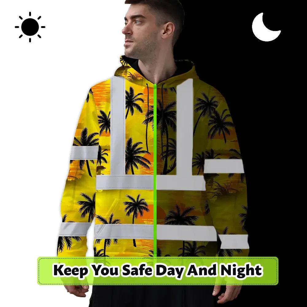 Hi Vis Hoodie Reflective Tapes Yellow Neon Flowers Custom Name Safety Workwear For Workers, Truckers, Operators