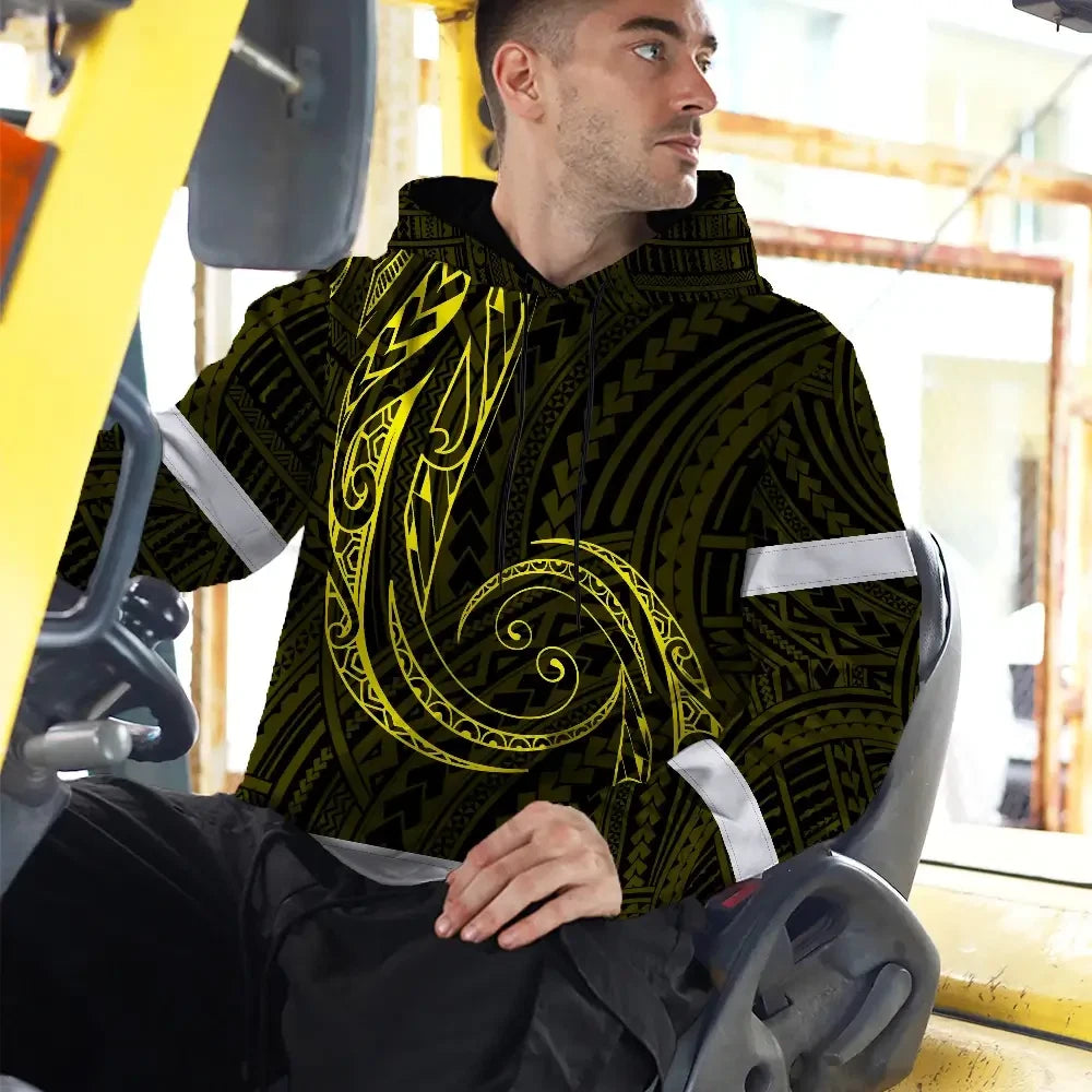 Hi Vis Hoodie Reflective Tapes Yellow Neon Hawaii Custom Name Safety Workwear For Workers, Truckers, Operators