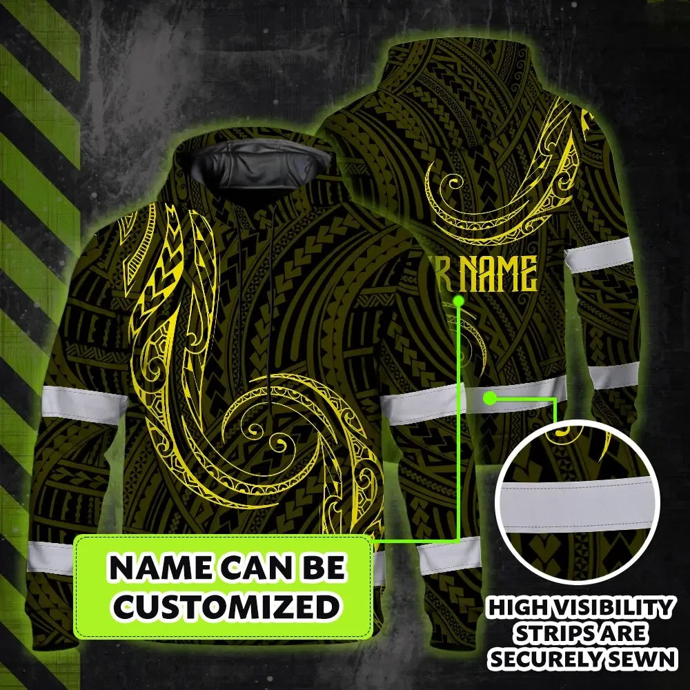 Hi Vis Hoodie Reflective Tapes Yellow Neon Hawaii Custom Name Safety Workwear For Workers, Truckers, Operators