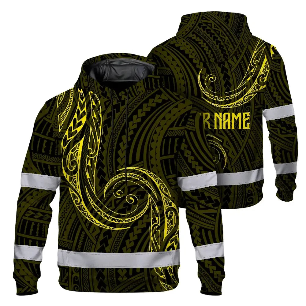 Hi Vis Hoodie Reflective Tapes Yellow Neon Hawaii Custom Name Safety Workwear For Workers, Truckers, Operators