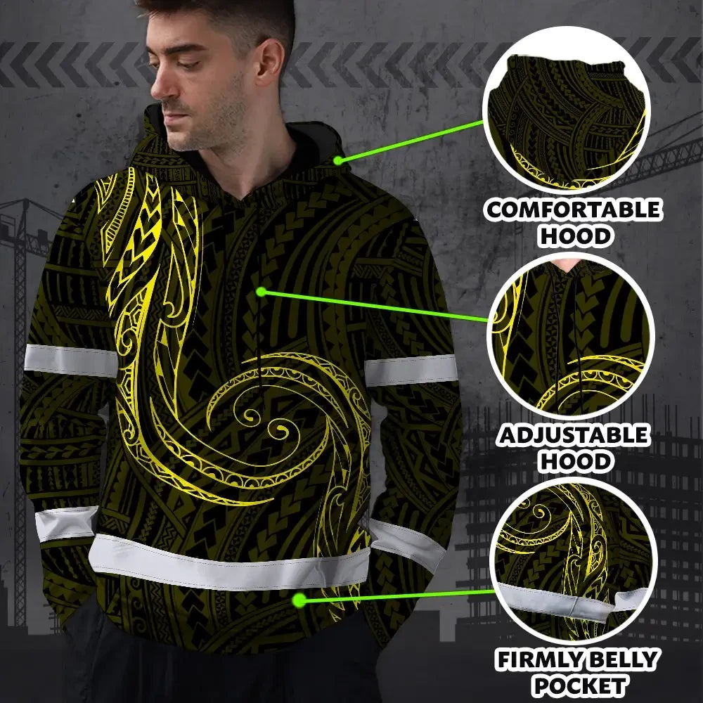 Hi Vis Hoodie Reflective Tapes Yellow Neon Hawaii Custom Name Safety Workwear For Workers, Truckers, Operators