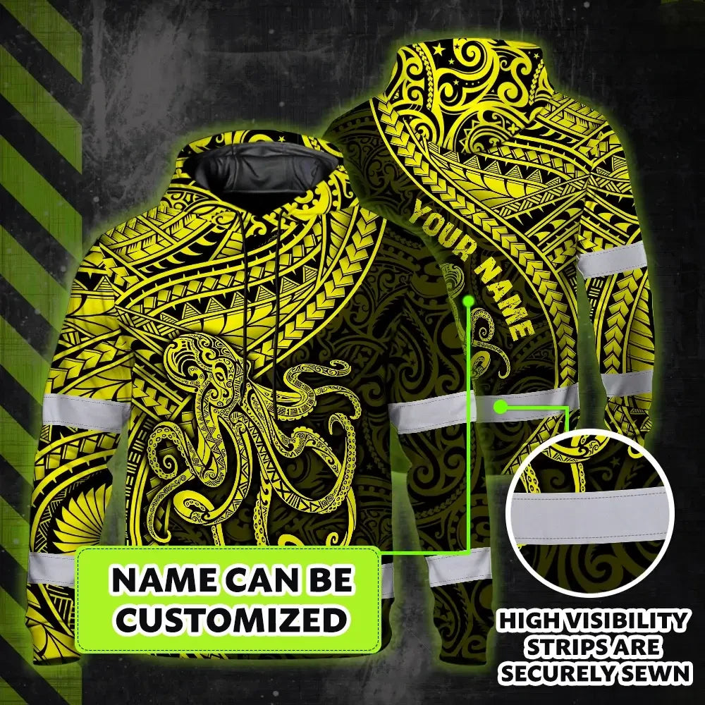 Hi Vis Hoodie Reflective Tapes Yellow Neon Hawaii Octopus Custom Name Safety Workwear For Workers, Truckers, Operators