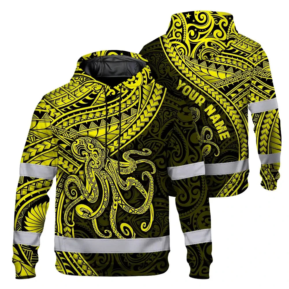 Hi Vis Hoodie Reflective Tapes Yellow Neon Hawaii Octopus Custom Name Safety Workwear For Workers, Truckers, Operators