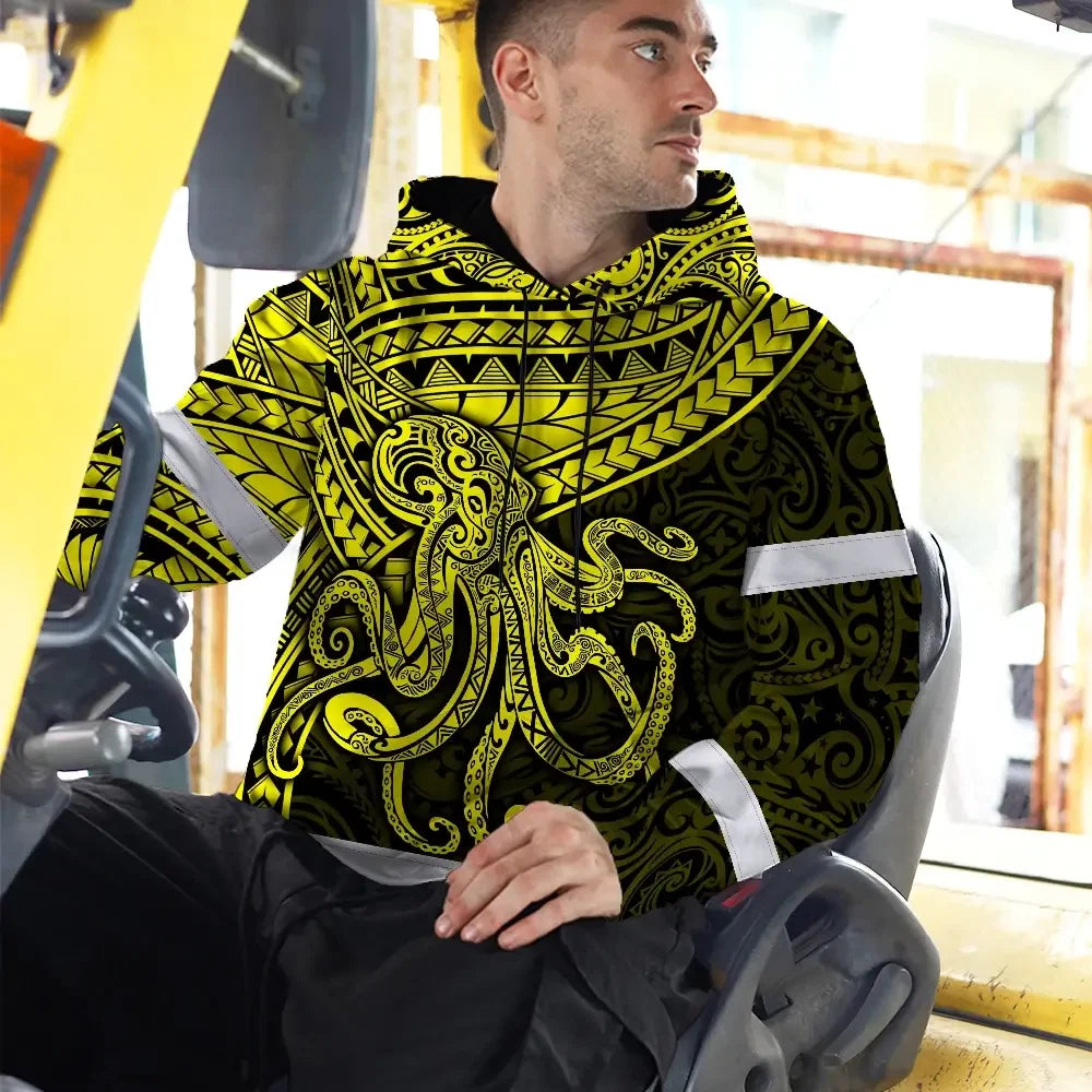 Hi Vis Hoodie Reflective Tapes Yellow Neon Hawaii Octopus Custom Name Safety Workwear For Workers, Truckers, Operators