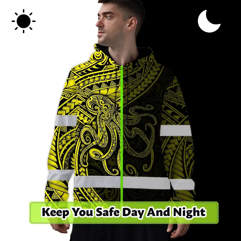Hi Vis Hoodie Reflective Tapes Yellow Neon Hawaii Octopus Custom Name Safety Workwear For Workers, Truckers, Operators