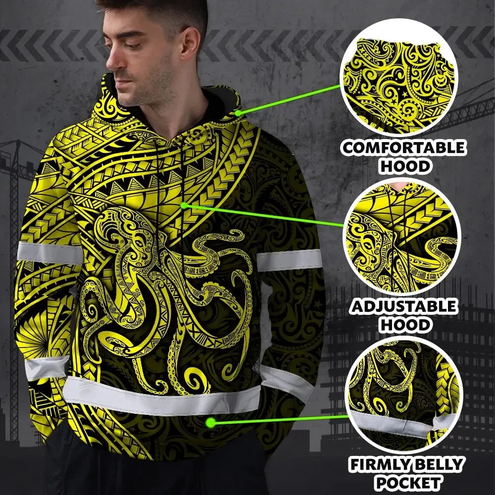 Hi Vis Hoodie Reflective Tapes Yellow Neon Hawaii Octopus Custom Name Safety Workwear For Workers, Truckers, Operators