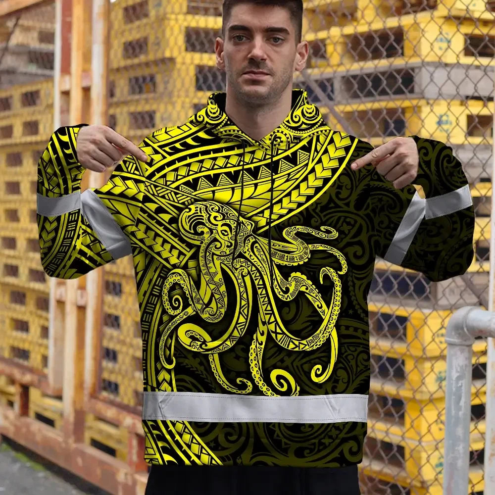 Hi Vis Hoodie Reflective Tapes Yellow Neon Hawaii Octopus Custom Name Safety Workwear For Workers, Truckers, Operators