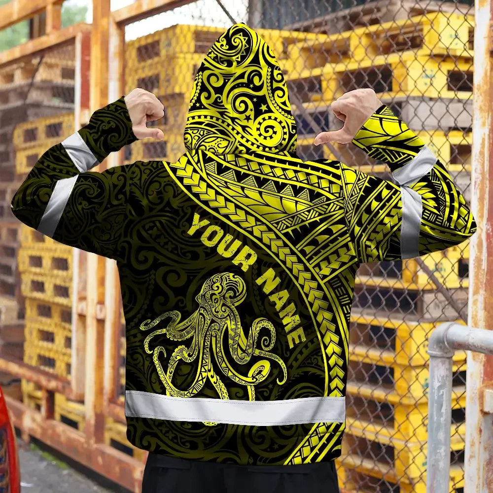 Hi Vis Hoodie Reflective Tapes Yellow Neon Hawaii Octopus Custom Name Safety Workwear For Workers, Truckers, Operators
